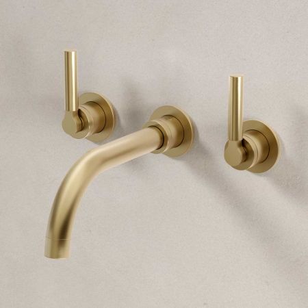Bayor Wall Mounted 3 Hole Basin Mixer - 215mm Spout - Metal Lever - Brushed Brass