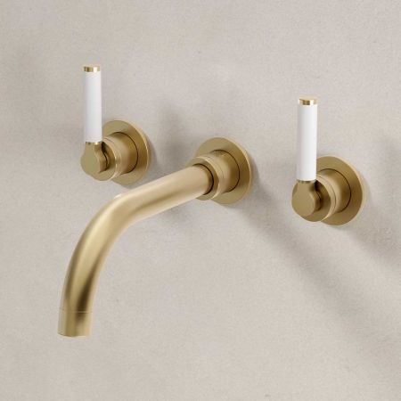 Senska - 3-Hole Basin Mixer - Wall Mounted - White Lever - Brushed Brass