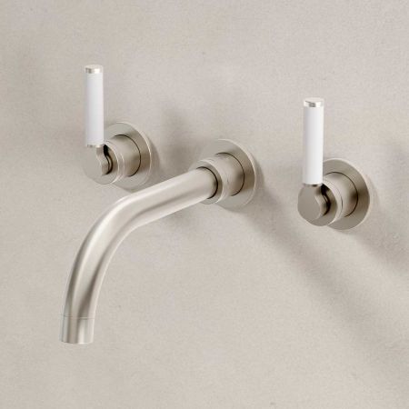 Senska - 3-Hole Basin Mixer - Wall Mounted - White Lever - Brushed Nickel