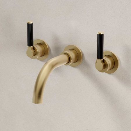 Senska - 3-Hole Basin Mixer - Wall Mounted - Black Lever - Short Spout - Brushed Brass