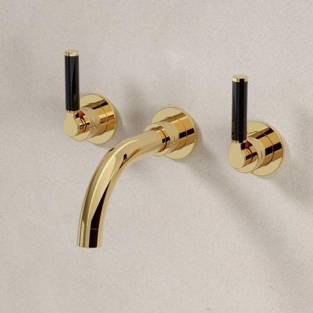 Senska - 3-Hole Basin Mixer - Wall Mounted - Black Lever - Short Spout - Polished Brass