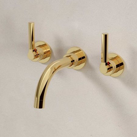 Senska - 3-Hole Basin Mixer - Wall Mounted - Metal Lever - Short Spout - Polished Brass