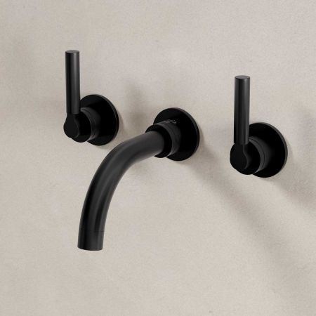 Senska - 3-Hole Basin Mixer - Wall Mounted - Metal Lever - Short Spout - Matt Black