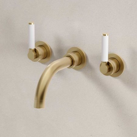 Senska - 3-Hole Basin Mixer - Wall Mounted - White Lever - Short Spout - Brushed Brass