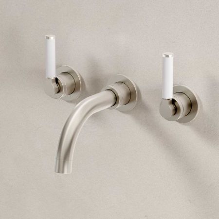 Senska - 3-Hole Basin Mixer - Wall Mounted - White Lever - Short Spout - Brushed Nickel