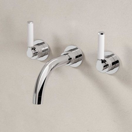 Senska - 3-Hole Basin Mixer - Wall Mounted - White Lever - Short Spout - Chrome Finish
