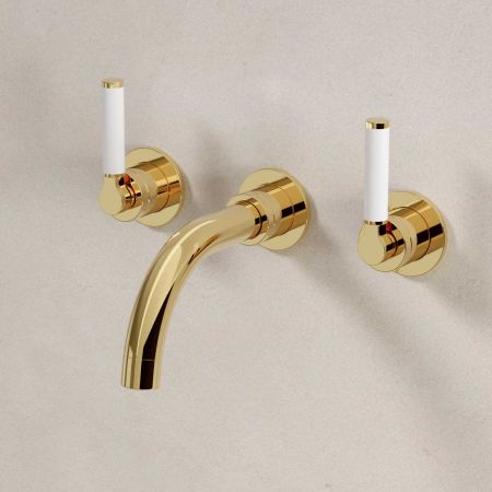 Senska - 3-Hole Basin Mixer - Wall Mounted - White Lever - Short Spout - Polished Brass