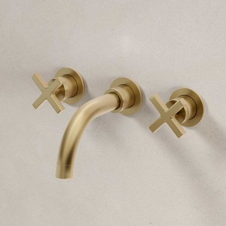 Bayor - 3-Hole Basin Mixer - Wall Mounted - Crosshead - Short Spout - Brushed Brass