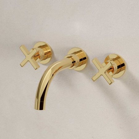 Bayor - 3-Hole Basin Mixer - Wall Mounted - Crosshead - Short Spout - Polished Brass