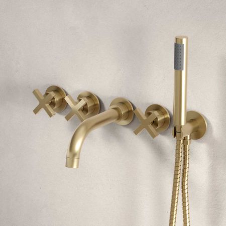 Bayor 5-Hole - Wall Mounted - Bath Shower Mixer - X Top - Brushed Brass
