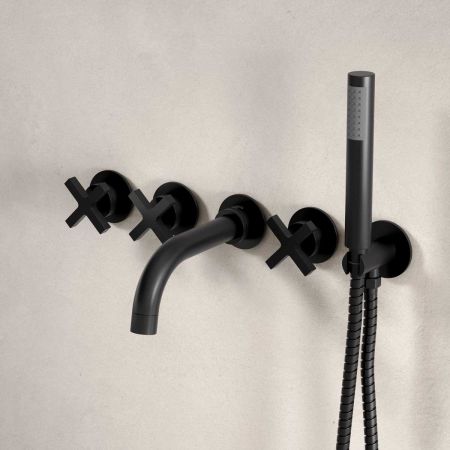 Bayor 5-Hole - Wall Mounted - Bath Shower Mixer - X Top - Matt Black