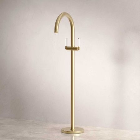 Senska - Bath Filler - Floor Mounted - White Lever - Brushed Brass