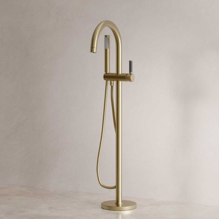 Senska - Bath Shower Mixer - Floor Mounted - Black Lever - Brushed Brass