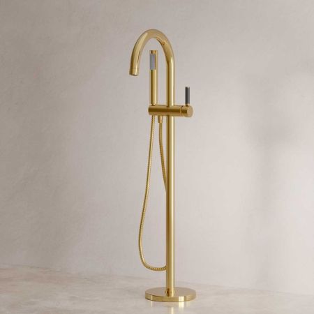 Senska - Bath Shower Mixer - Floor Mounted - Black Lever - Polished Brass