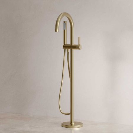 Senska - Bath Shower Mixer - Floor Mounted - Metal Lever - Brushed Brass