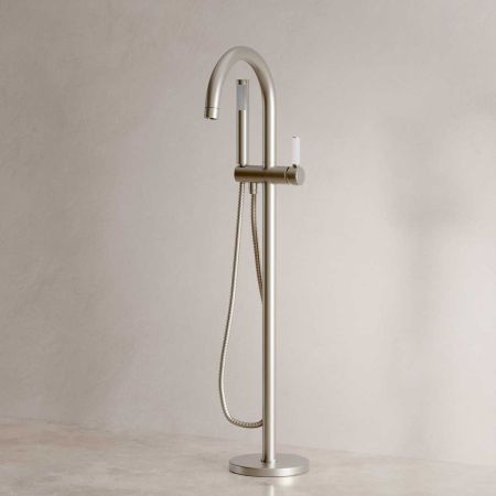 Senska - Bath Shower Mixer - Floor Mounted - White Lever - Brushed Nickel
