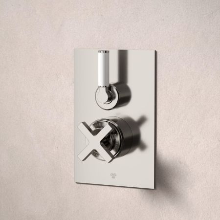 Bayor Single Outler Concealed Shower with 300mm Wall Arm & 8" Rose - White Lever - Brushed Nickel