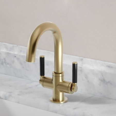 Senska Monobloc Basin Mixer - Deck Mounted - Black Lever - Brushed Brass