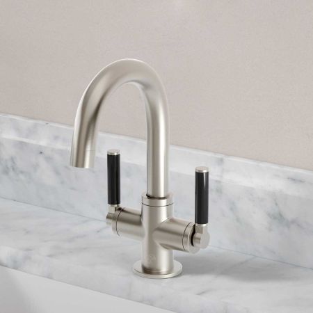 Senska Monobloc Basin Mixer - Deck Mounted - Black Lever - Brushed Nickel