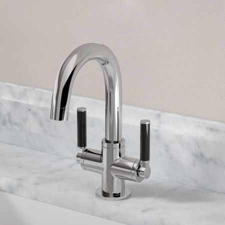 Senska Monobloc Basin Mixer - Deck Mounted - Black Lever - Chrome