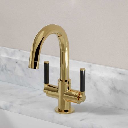 Senska Monobloc Basin Mixer - Deck Mounted - Black Lever - Polished Brass
