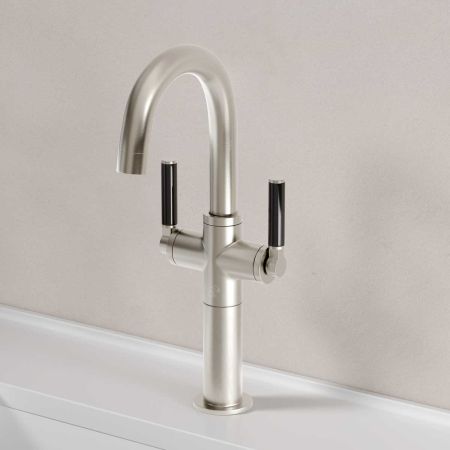 Senska Monobloc Basin Mixer - Deck Mounted - Black Lever - 100mm Extension - Brushed Nickel