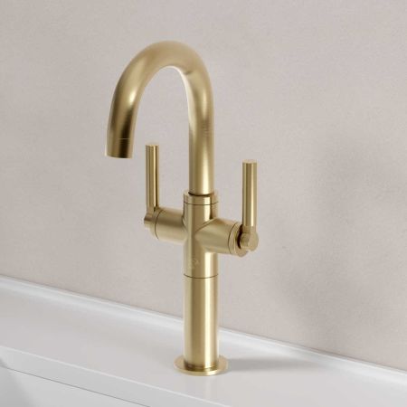 Senska Monobloc Basin Mixer - Deck Mounted - Metal Lever - 100mm Extension - Brushed Brass