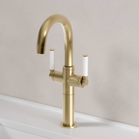 Senska Monobloc Basin Mixer - Deck Mounted - White Lever - 100mm Extension - Brushed Brass