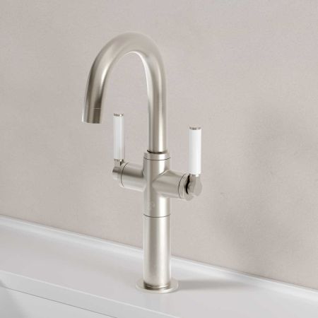 Senska Monobloc Basin Mixer - Deck Mounted - White Lever - 100mm Extension - Brushed Nickel
