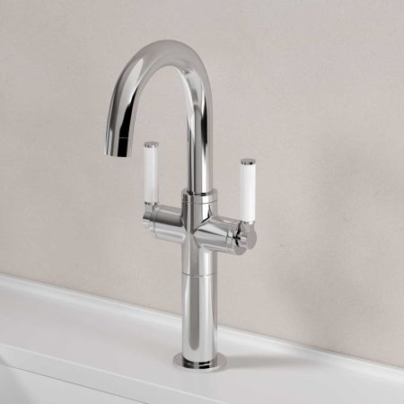 Senska Monobloc Basin Mixer - Deck Mounted - White Lever - 100mm Extension - Chrome Finish