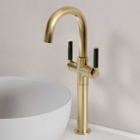 Senska Monobloc Basin Mixer - Deck Mounted - Black Lever - 160mm Extension - Brushed Brass