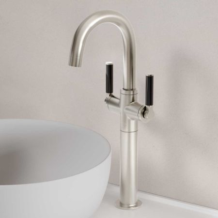 Senska Monobloc Basin Mixer - Deck Mounted - Black Lever - 160mm Extension - Brushed Nickel