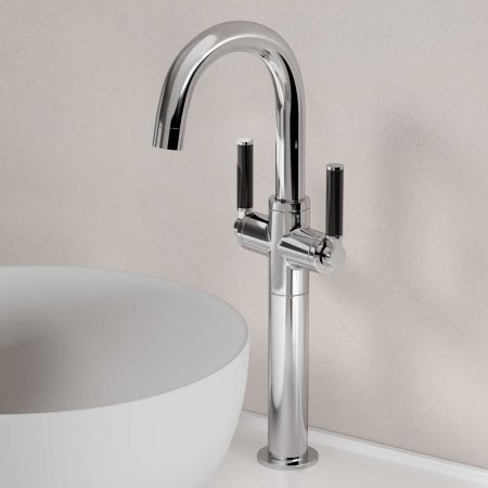 Senska Monobloc Basin Mixer - Deck Mounted - Black Lever - 160mm Extension - Chrome Finish