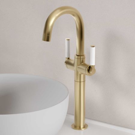 Senska Monobloc Basin Mixer - Deck Mounted - White Lever - 160mm Extension - Brushed Brass