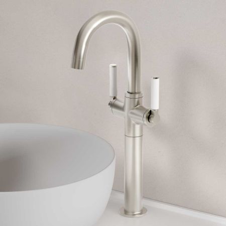 Senska Monobloc Basin Mixer - Deck Mounted - White Lever - 160mm Extension - Brushed Nickel