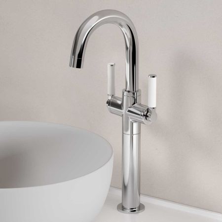Senska Monobloc Basin Mixer - Deck Mounted - White Lever - 160mm Extension - Chrome Finish