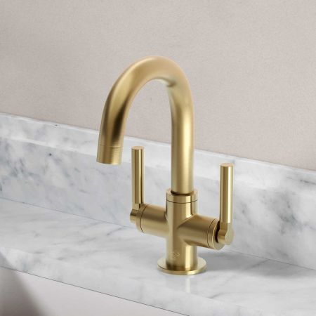 Senska Monobloc Basin Mixer - Deck Mounted - Metal Lever - Brushed Brass