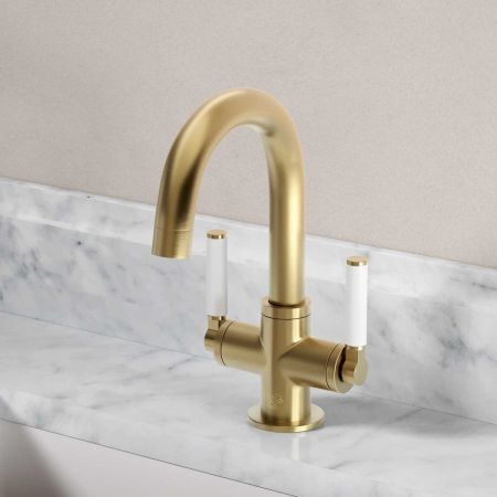 Senska Monobloc Basin Mixer - Deck Mounted - White Lever - Brushed Brass