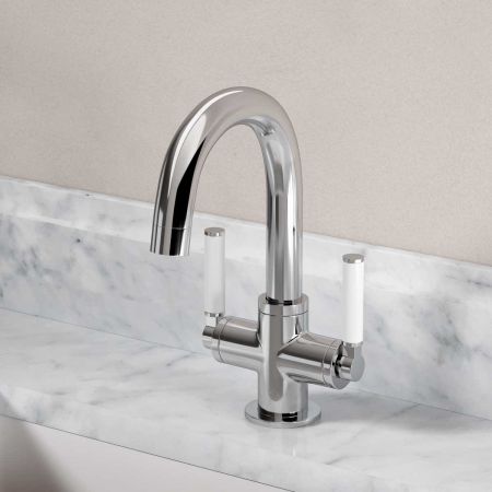 Senska Monobloc Basin Mixer - Deck Mounted - White Lever - Chrome