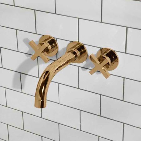 Bayor Wall Mounted 3 Hole Bath Filler - 220mm Spout - Crosshead - Living Brass