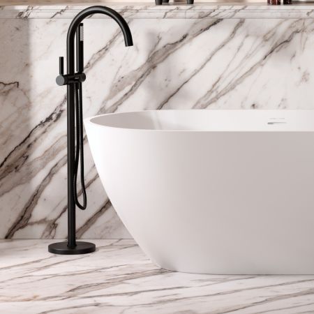 Bayor Floor Mounted Bath Shower Mixer - Metal Lever - Matt Black