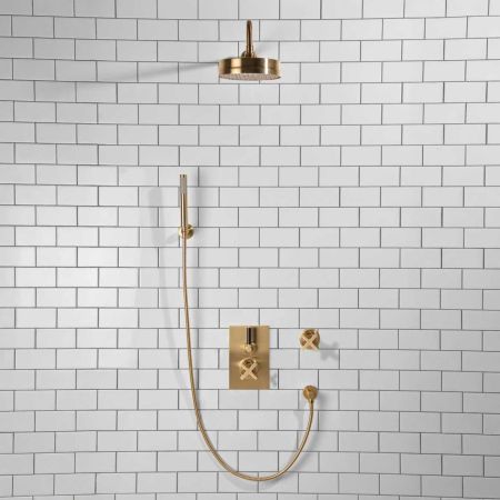 Elbe - Concealed Shower Set + Diverter - Hook Mount - Black Lever/X-Top - 8" Rose - Brushed Brass