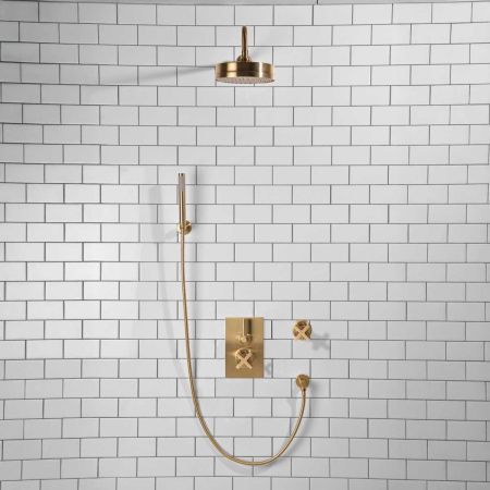 Elbe - Concealed Shower Set + Diverter - Hook Mount - Metal Lever/X-Top - 8" Rose - Brushed Brass