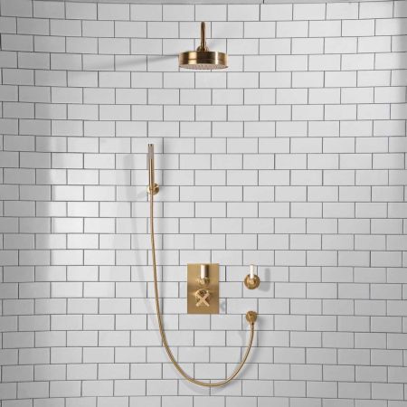 Elbe - Concealed Shower Set + Diverter - Hook Mount - White Lever/White Lever - 8" Rose - Brushed Brass