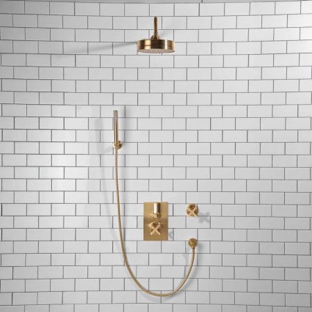 Elbe - Concealed Shower Set + Diverter - Hook Mount - White Lever/X-Top - 8" Rose - Brushed Brass