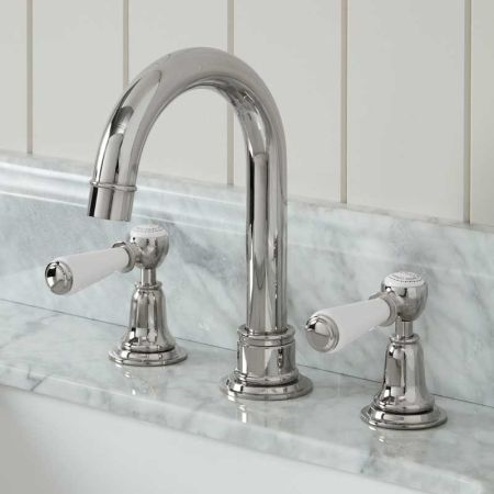 Linton 3 Hole Basin Mixer - Swan Neck Spout - White Lever - Chrome Finish