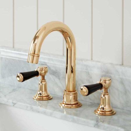Linton 3 Hole Basin Mixer - Swan Neck Spout - Black Lever - Polished Brass Finish