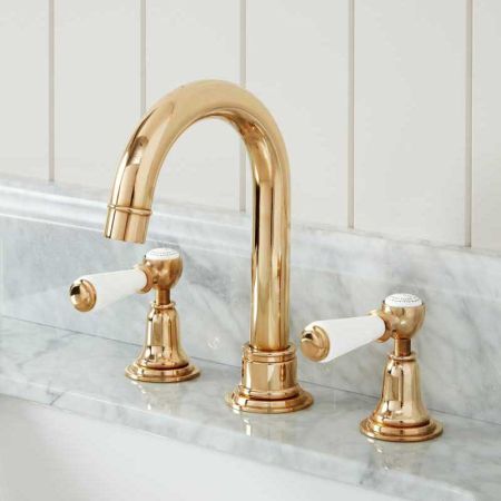 Linton 3 Hole Basin Mixer - Swan Neck Spout - White Lever - Polished Brass Finish