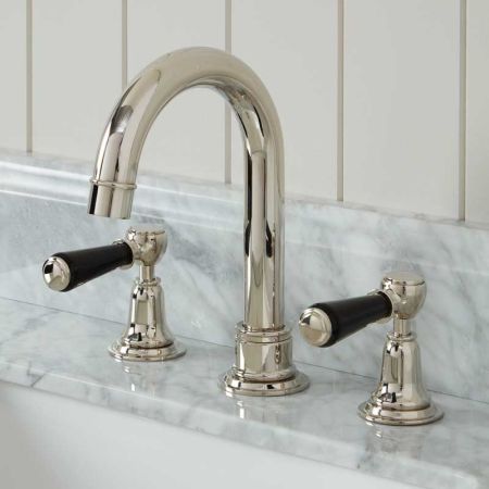 Linton 3 Hole Basin Mixer - Swan Neck Spout - Black Lever - Polished Nickel Finish