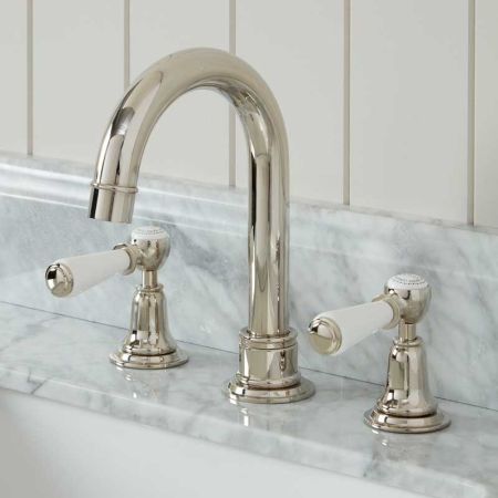 Linton 3 Hole Basin Mixer - Swan Neck Spout - White Lever - Polished Nickel Finish